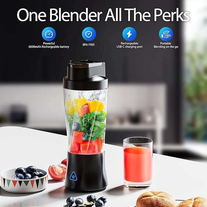 Portable Blender Cordless 24oz. Vessel Personal Blender-for Shakes &amp Smoothies BPA Free Leakproof-Lid &amp Sip Spout USB-C Rechargeable &amp Self Cleaning - Travel with 6 Sharp Blade Blac