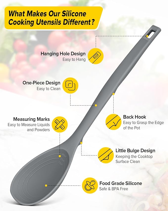 Silicone Cooking Utensils Set 9 Pcs Heat Resistant Kitchen Utensils with Back Hooks BPA Free Kitchen Tools with Spatulas Spoons Skimmer and Pasta Fork for Non Stick Cookware (GRAY)