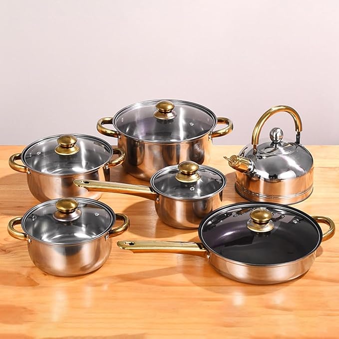 Kitchen Cookware Sets 6 Pieces Stainless Steel Cooking Set Portable with Glass Lid Cookware Pots and Pans Set for Home Cooking Set Cooking Pots (A One Size)