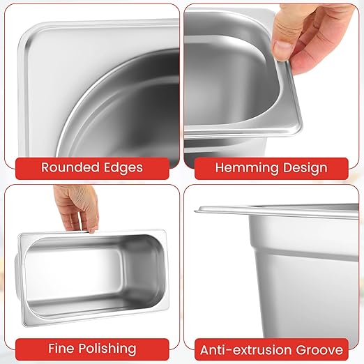10 Pack Hotel Pans Stainless Steel Steam Table Pan 1/3 Size 0.8 mm Thick Anti Jam Warming Pans for Food Warmer Restaurant Catering Supplies 12.8 x 6.9 Inch(6 Inch DeepEuropean)