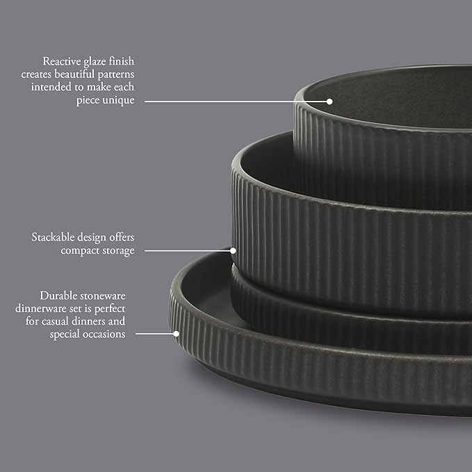 Gibson Elite Deerfield 16-Piece Stoneware Dinnerware Set – Matte Black Reactive Glaze Plates and Bowls Stackable Modern Design Service for 4 – Microwave &amp Dishwasher Safe