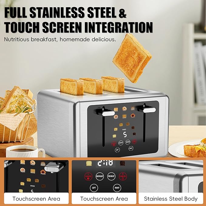 4 Slice ToasterTouchscreen &amp Dual Independent Control Panel5 Basic Functions &amp Digital Countdown Toasters6 Shade Settings＆6 Bread TypesSmart Bread Maker Mute/Screen-Off Silver