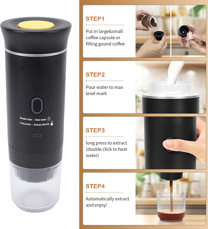 3 In 1 Portable Coffee Maker Travel Coffee Machine for Camping 72W 120ML Car Self Heating Coffee Maker with USB C Portable Espresso Maker for RV Home Hiking (Black)
