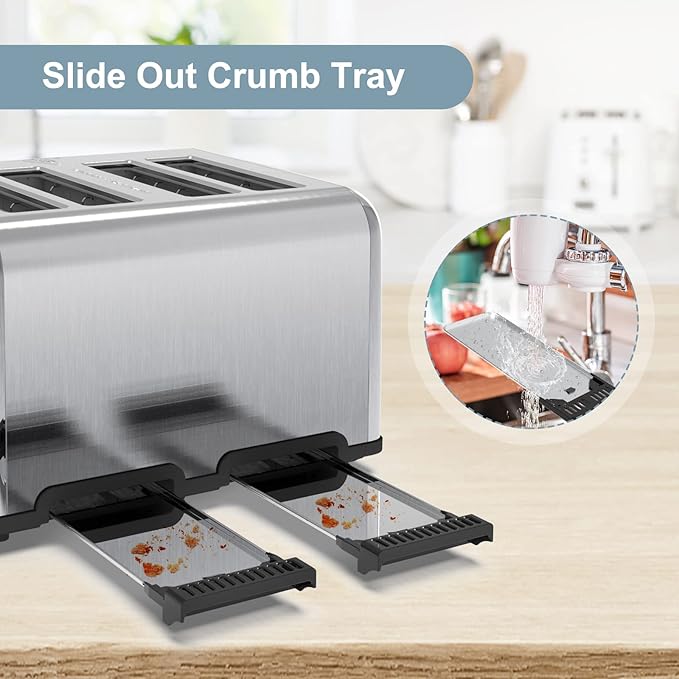 Toaster 4 Slice KitchMix Bagel Stainless Toaster with LCD Timer Extra Wide Slots Dual Screen Removal Crumb Tray (Stinless steel)