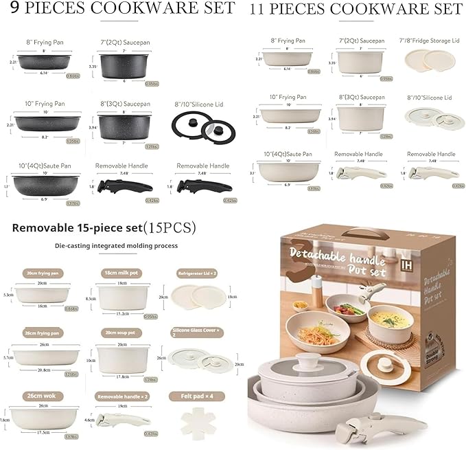 Cookware Set Cookware Set Removable Handle 5/9/11/15/17 Piece Stackables Oven Safe Super Easily Clean for Kitchen (Pink15 Pcs)