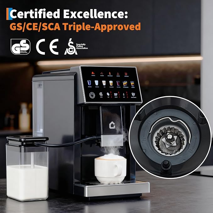 Smart Espresso Machine with Detachable Parts - Adjustable Grinder 3 Strength Settings Removable Milk Frother Easy Clean Coffee Maker for Home Use Black