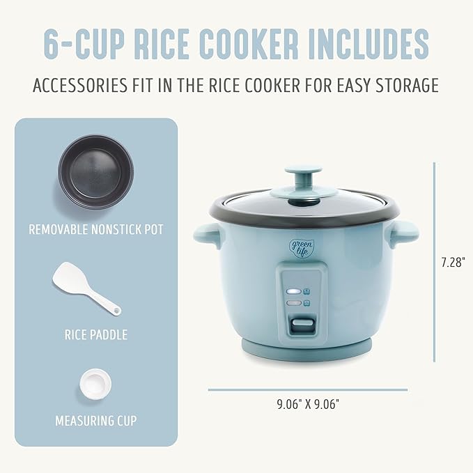 GreenLife Rice Cooker with Removable PFAS-Free Ceramic Nonstick Pot 3-Cups Uncooked/6-Cups Cooked Grains &amp Oatmeal Multicooker Compact One-Switch Design Auto Keep Warm Easy Clean Blue Haze
