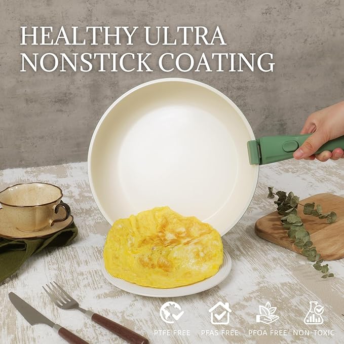 Ceramic Cookware Set Non Stick 8Pcs Pots and Pans Set Detachable Handle Induction Kitchen Cooking Set with Frying Pans Oven Dishwasher Safe PFAS/PFOA Free Forest Green