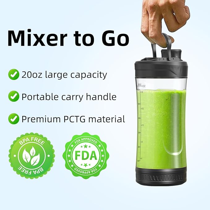 DENOKIN Portable Blender Cordless 20oz Vessel Personal Blender for Shakes &amp Smoothies with On Go Lid &amp Sip Lid Small Mixer for Kitchen Home Travel