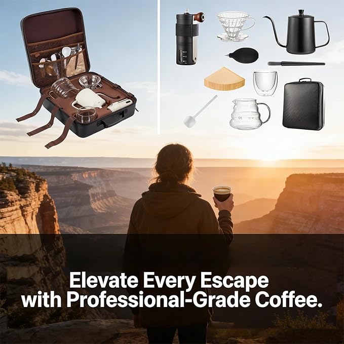 Single Serve Manual Pour Over Coffee Maker Kit - Portable V60 Drip Cone Gooseneck Kettle Glass Carafe &amp Grinder for Travel Camping Home &amp Specialty Brewing (Black)