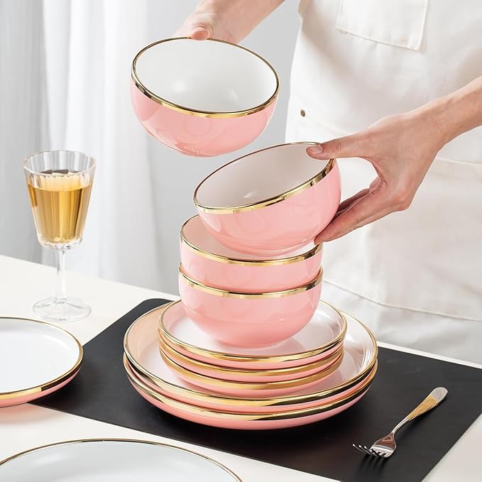 Pink and Gold Ceramic Dinnerware Sets for 4 16-Piece Luxury Plates and Bowls Sets with Gold Rim Modern Dish Set for Wedding Christmas Anniversary Crack Resistant | Dishwasher &amp Freezer Safe (Pi