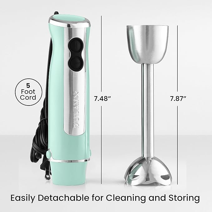 Zulay Immersion Stick Mixer Hand Blender - 800 Watts Turbo Mode 5-ft Power Electric Cord Handheld Portable Stainless Steel Blades - For Effortless Blending Smoothie Soup Baby Food Puree - Aqua
