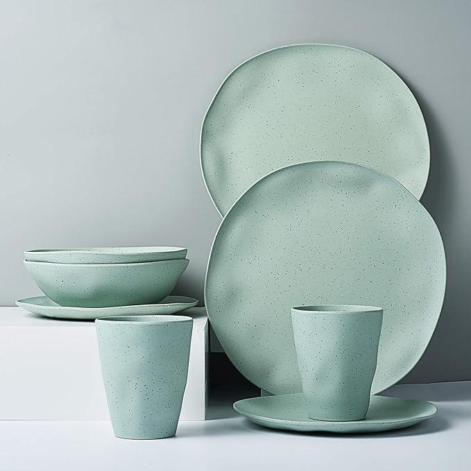 Morgiana 8 pcs Bamboo Sage Green Dinnerware Plates Set Reusable Camping Dish Set Eco-Friendly Bamboo Plates Cups Bowls for 2 Person