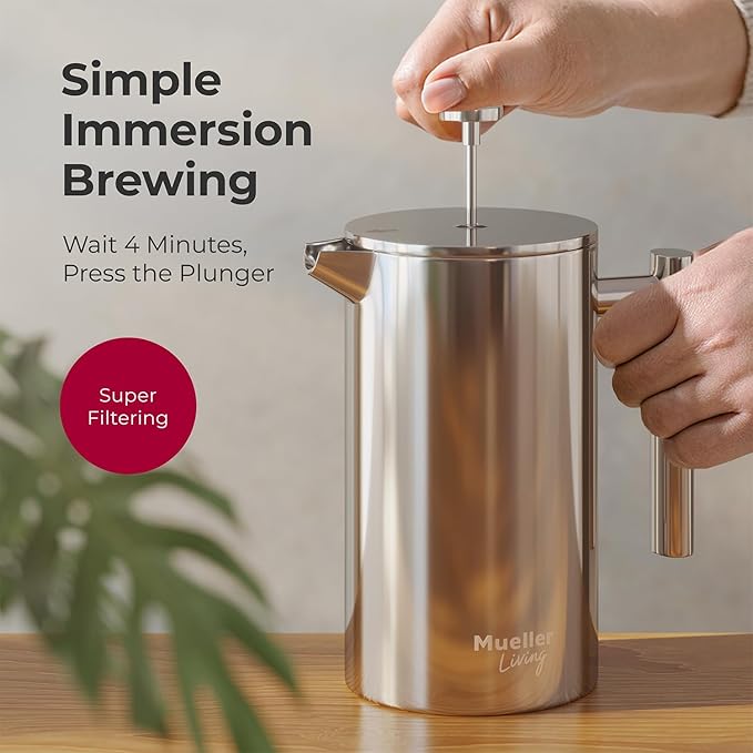MuellerLiving French Press Coffee Maker 34oz Stainless Steel French Press Coffee 4 Filter Heat Resistant Double Insulated Rust-Free Food Grade Dishwasher Safe Coffee Pot