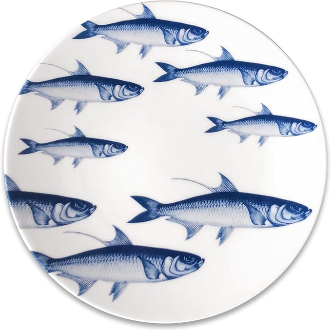 Caskata School of Fish Salad Plates Set of 4 | High-Design Lead-Free Porcelain Dinnerware Plate Set | Blue Dinnerware Set for Entertaining Everyday Birthday Mothers Day Gifts | 8.5 in