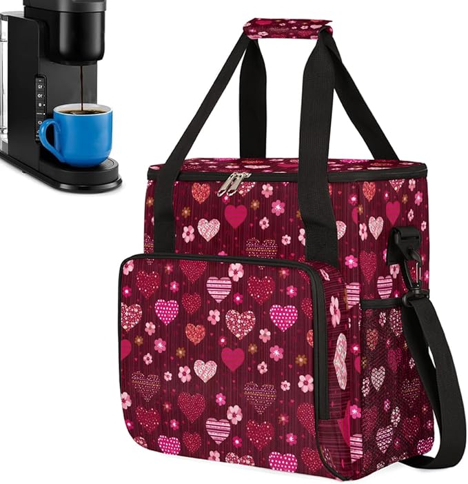 Valentine's Day Heart Flowers Coffee Maker Carrying Bag Coffee Machine Travel Storage Bag Compatible with K-Mini or K-Mini Plus Portable Single Serve Coffees Brewer Case with Pockets for K-Cup Pods