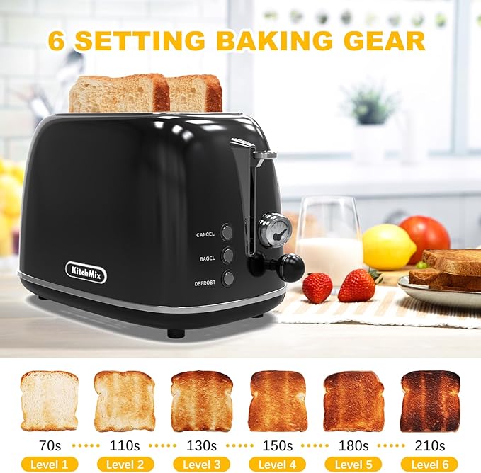 Toaster 2 sliceRetro Stainless Steel Toaster with 6 Settings 1.5 In Extra Wide Slots Bagel/Defrost/Cancel Function Removable Crumb Tray (Dark)