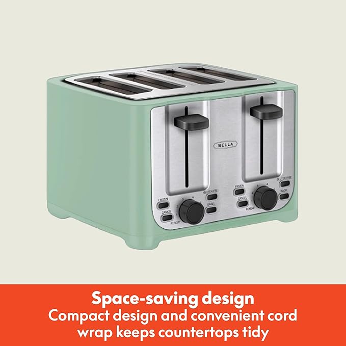 BELLA 4 Slice Toaster with Auto Shut Off - Extra Wide Slots &amp Removable Crumb Tray and Cancel Defrost &amp Reheat Function - Toast Bread &amp Bagel Sage