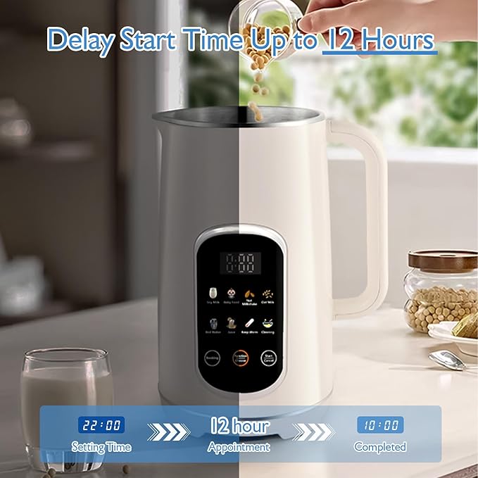 40oz Nut Milk Maker Machine 8-in-1 LED Panel Touch Screen Soy Milk Maker for Homemade Almond Soy &amp Oat Plant-Based and Dairy Free Beverages with 12H Delay Start &amp Self-Cleaning (White)