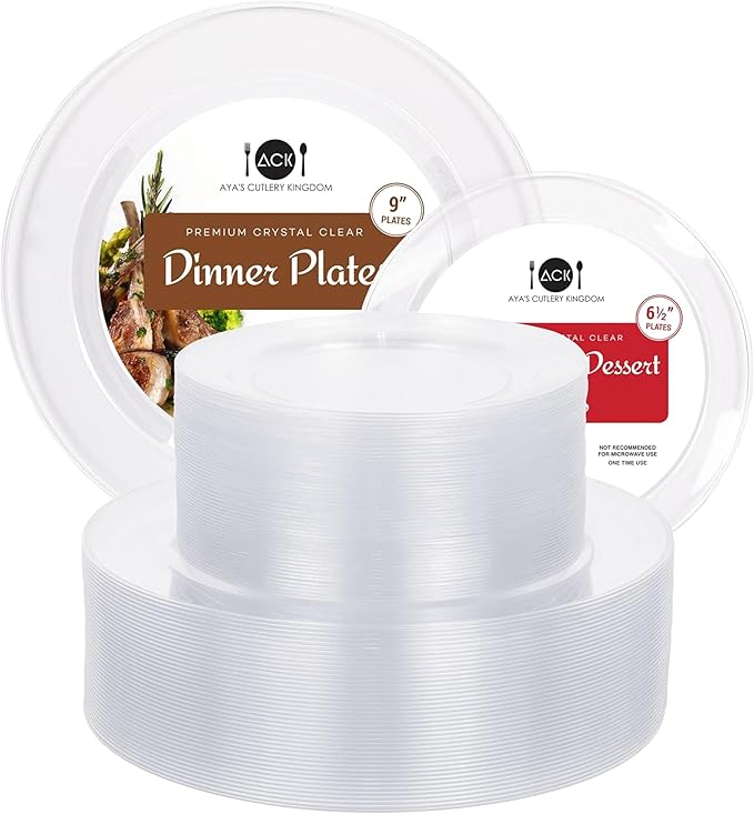 Aya's Cutlery Kingdom 100 Clear Plastic Plates for Party - Heavy Duty Disposable Set of 50 Dinner and 50 Dessert Plates - Elegant Plastic Disposable Plate for Weddings Parties and Special Events