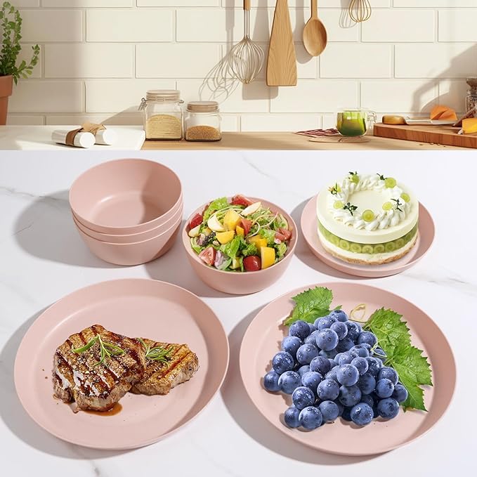 EI 12pcs Pink Wheat Straw PlatesWheat Straw Dinnerware Set for 4Plates and Bowls SetsPlastic Plate ReusableUnbreakable Plastic Plate MelamineCamping Family Dishes Set