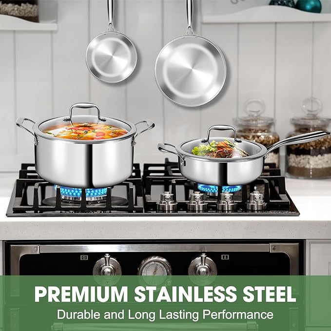 3 Ply Stainless Steel 11-Piece Cookware Set with Lids Pots and Pans Kitchen Set Non-Toxic Induction Oven Dishwasher Safe Professional Chef Quality