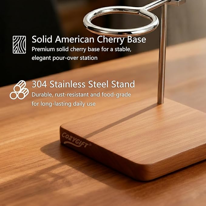 Pour Over Coffee Stand with Solid American Cherry Base Height Adjustable Coffee Dripper Stand Wooden Brewing Station for V60 Elegant Gift for Home Barista &amp Kitchen Décor