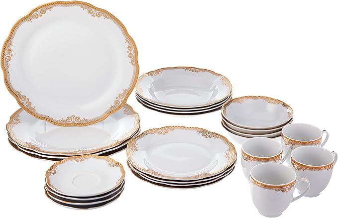 Lorren Home Trends 24 Piece Catherine Design Porcelain Wavy Edge Dinnerware Set White