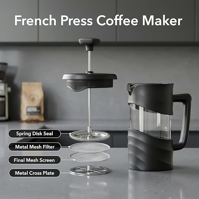 OVENTE French Press Coffee Maker 34 Ounce with Heat Resistant Borosilicate Glass &amp Stainless Steel 4-Level Filtration System Portable Cold Brew Coffee Maker for Travel Camping or Gift Black FPW