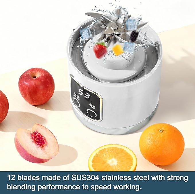 Portable blenderUSB-C rechargeablePersonal compact travel juicer cup15OZ for Shakes SmoothiesFresh juiceSelf-cleaningLeakproof lid Smart time display12 bladeswith strong blending White