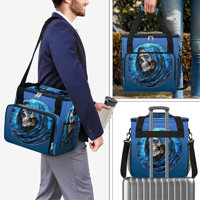 Halloween Skull Blue Coffee Maker Carring Bag Travel Carrying Storage Tote Bag Compatible with Keurig K-Mini or K-Mini Plus Portable Single Serve Coffee Brewer Case with Pockets for K-cup Pods