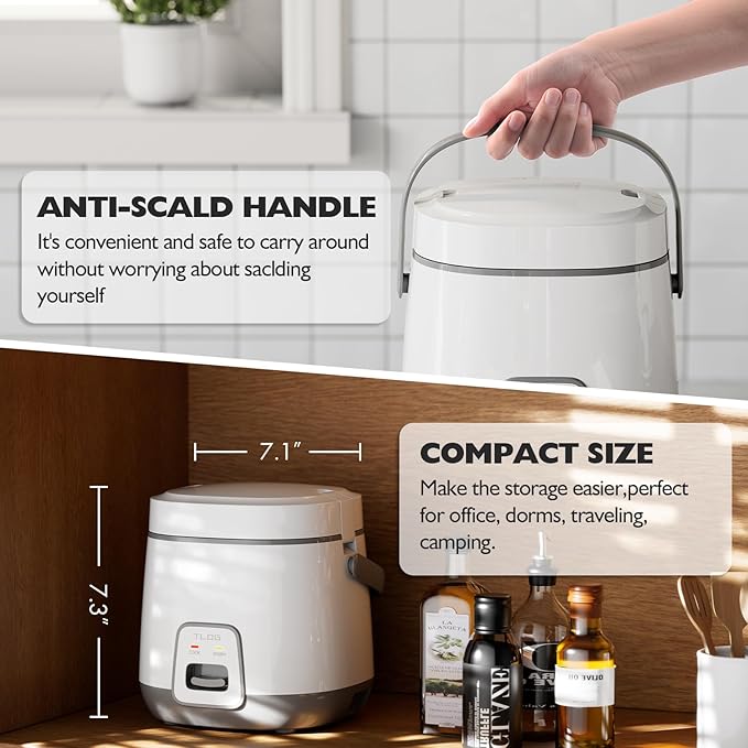 TLOG Mini Rice Cooker 2-Cup Uncooked(4-Cup cooked) Healthy Non-stick Coating 1.2L Small Rice Maker for 1-3 People Portable Travel Fast Cooker with Steam Tray Rice Maker for Grains White Rice Oatm
