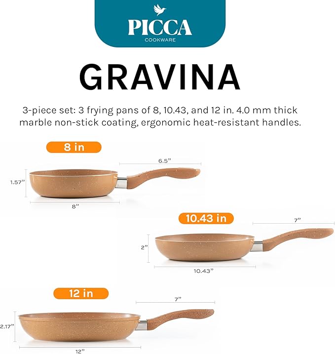 Picca Gravina 3-Piece Large Frying Pan Set - Easy Clean Marble Non Stick Cooking Pan Set with Mineral Based Coating - No PFAS/PFOS/PFOA - Light Brown - 8in 10.4in 12in