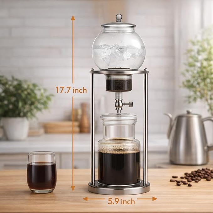 Nispira Luxury Ice Cold Brew Dripper Coffee Maker in Stainless Steel and Borosilicate Glass 1000 ml Silver