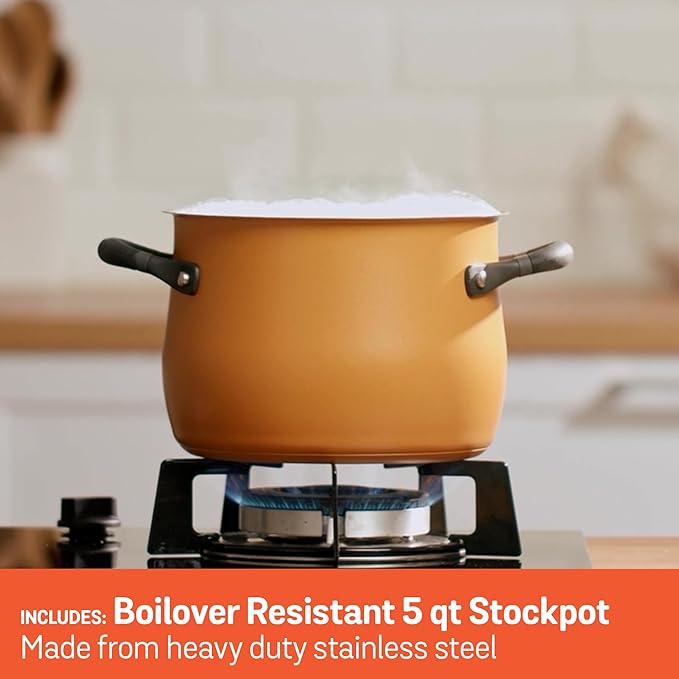 Meyer 6pc Stackable Set with Universal Lids | Hard Anodized Non Stick and Stainless Steel Pots and Pans | Induction Compatible | Dishwasher Safe | Oven Safe | Red Orange Yellow | Accent Cookware