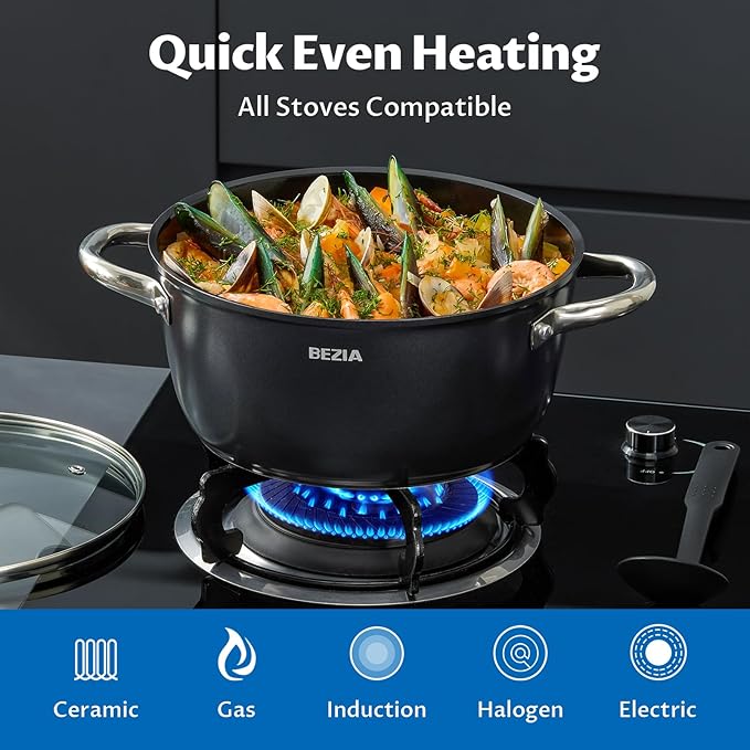 BEZIA Induction Cookware Set 15-Piece Pots and Pans Set Non Stick with Ceramic Coating Induction Pots Set with Stainless Steel Handles ＆ Lids Oven Safe Compatible with All Stoves