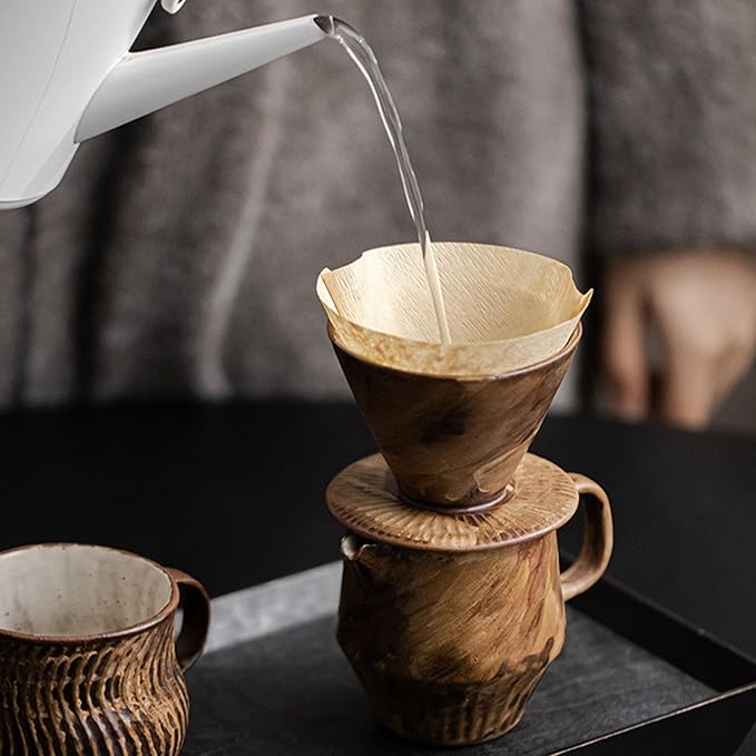 Pour Over Coffee Maker Set Vintage Ceramic Pour Over V60 Coffee Dripper Setfor Home Café Restaurant Camping7oz/220ml Pour Over Coffee Dripper (Brown)