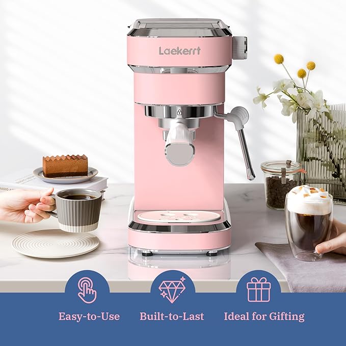 Laekerrt Professional Espresso Machine 20 Bar Espresso Maker with Milk Frother Steam Wand Stainless Steel Home Coffee Machines for Cappuccino and Latte Gift for Women Wife Daughter or Mom Pink