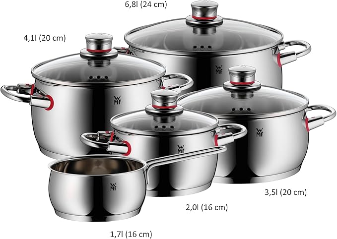 WMF Pot Set 5-Piece Quality One Steam Vent Glass Lid Cromargan® Stainless Steel Polished Suitable for Induction Hobs Dishwasher-Safe