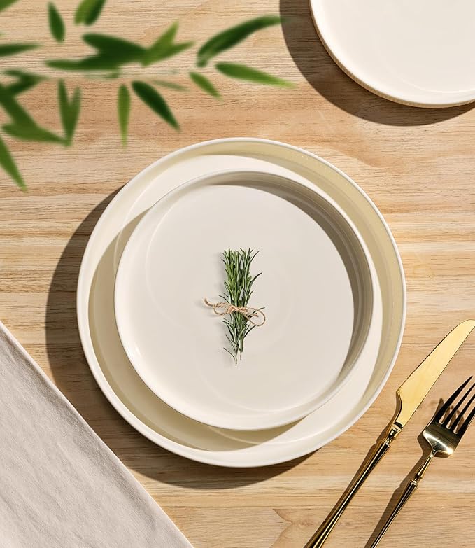 TheTerra Ceramic Dinnerware Sets with Pasta Bowls for 4 16 Pieces Porcelain Lightweight Speckled Plates and Bowls Sets Scratch Resistant Dish Set Oven &amp Microwave &amp Dishwasher Safe Beige