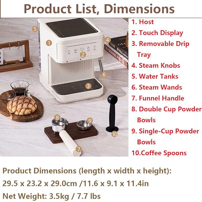 20bar Espresso Coffee Machine Italian Semi-Automatic Coffee Machine With Steam Wand 60oz Removable Water Tank Ntc Ntelligent Temperature Control Coffee Maker For HomeMilkyWhite