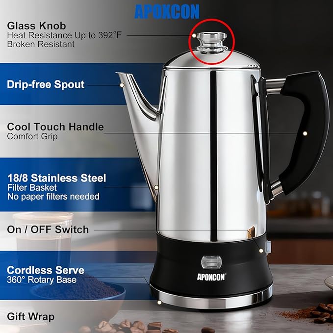 Electric Coffee Percolator Stainless Steel Coffee Maker with Tough Glass Knob Classic Coffee Pot with On/OFF Switch Keep Warm &amp Cordless Serve No Aluminum (12 Cup)