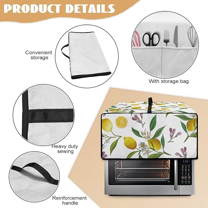 Heat-Resistant Toaster Oven Cover Faux Linen Polyester Appliances Dust Cover for Convection Toaster Oven Air Fryer with Top Handle Side Pockets Fruit Lemon