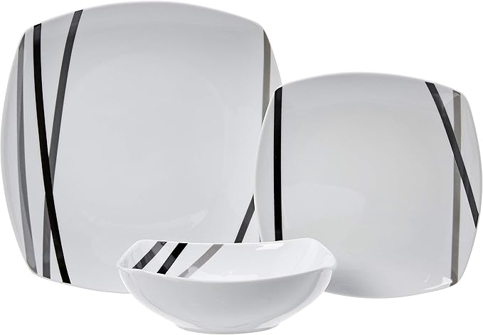 Amazon Basics 18 Piece Kitchen Dinnerware Set Dishwasher and Microwave Safe Square Plates Bowls Service for 6 Modern Beams