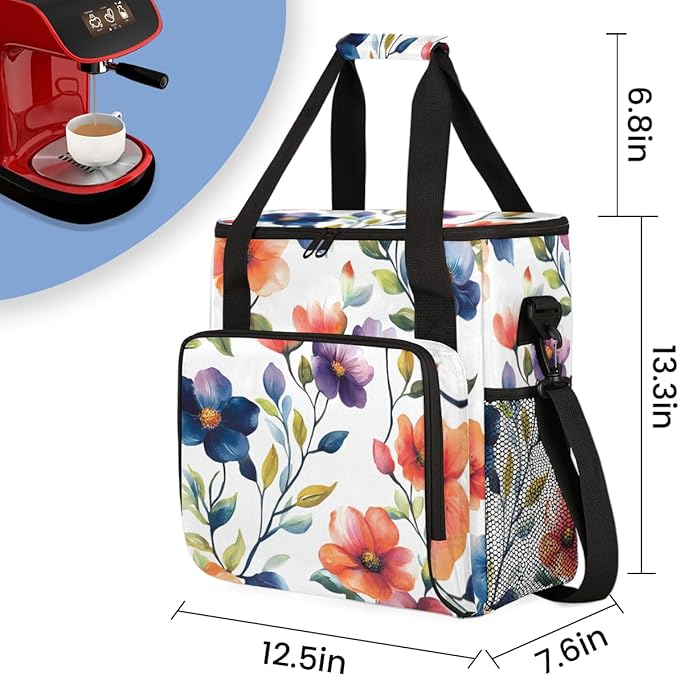 Enchanting Flowers Coffee Maker Carrying Bag Portable Travel Storage Tote Bag Compatible with K-Mini or K-Mini Plus Single Serve Coffee Brewer Carrying Case with Multiple Pockets &amp Shoulder Stra