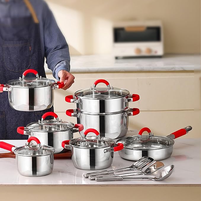 Pots and Pans Set Non Toxic 16-Piece Stainless Steel Cookware Set with Steamer &amp Visual Lid Kitchen Induction Cookware with 3 Kitchenware Sets for Oven &amp Dishwasher Safe