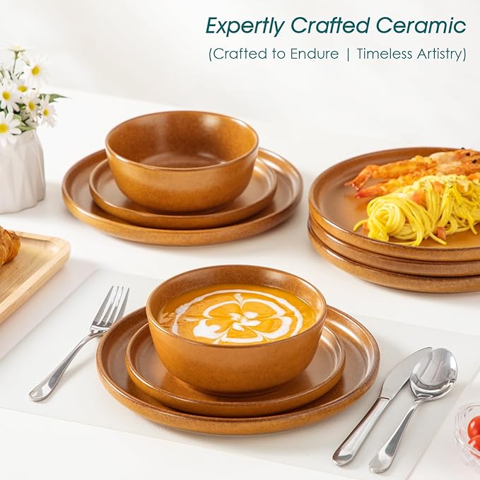 vancasso ZERMATT Dinnerware Set for 8 24 Pieces Plates and Bowls Sets for Kitchen Stoneware Dish Set with Scratch Resistant Dishwasher &amp Microwave Safe Yellow