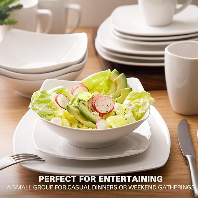 Gibson Home Zen Buffet Porcelain Chip and Scratch Resistant Dinnerware Plates Bowls and Mugs Set Service for 4 (16pcs) White (Square Dishes)