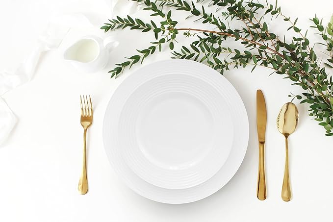 QOUTIQUE Bone China Dinnerware 20PC Set Service for 4 White Embossed circle Microwave Safe Translucent Elegant giftware Dish set Essential Home Kitchen Dishes Dinner Set