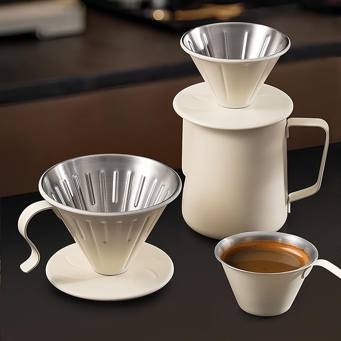 Premium Pour Over Coffee Maker - Professional Extraction Food-Safe Design &amp Easy Clean | Includes 100 Natural Filters | Perfect for Home Office &amp Travel Use by Coffee Enthusiasts (Off white